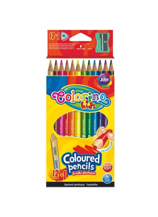 Kolmion muotoiset lyijykynät 12 väriä + 1 kaksipuolinen kulta/hopea lyijykynä + Colorino 54706PTR teroitin