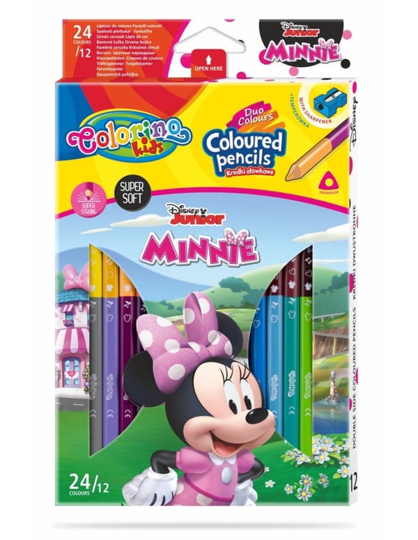 Kaksipuoliset lyijykynäkynät 12 kpl 24 väriä Minnie Colorino teroitin