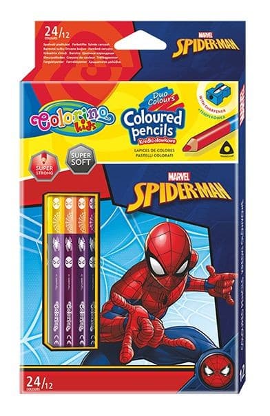 Kaksipuoliset lyijykynäkynät 12 kpl 24 väriä Spiderman Colorino teroitin