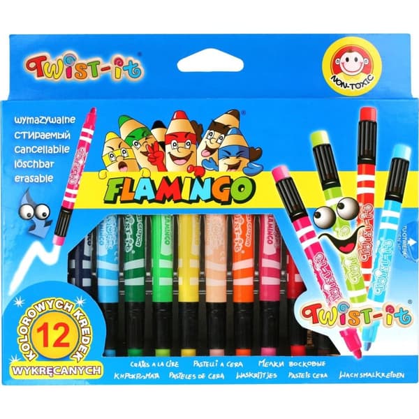 Twist-up vaxkritor med suddgummi 12 färger Flamingo