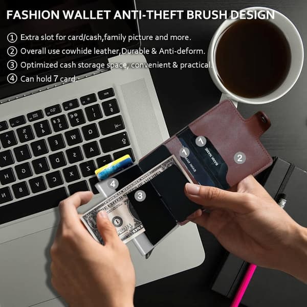 MörkBrun -RFID Skydd Pop-up Plånbok Korthållare 6st Kort m Knapp