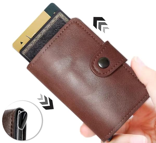 MörkBrun -RFID Skydd Pop-up Plånbok Korthållare 6st Kort m Knapp