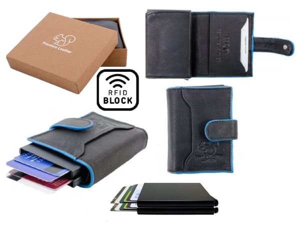 Äkta Läder Plånbok o 2st Smart Korthållare .100% RFID Skydd.SVART+BLÅ
