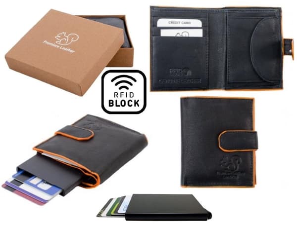 Äkta Läder Plånbok o Smart Korthållare .100% RFID Skydd.SVART+ORANGE