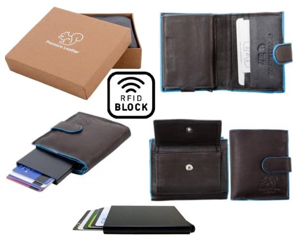 Äkta Läder Plånbok o Smart Korthållare .100%RFID Skydd. BRUN+BLÅ
