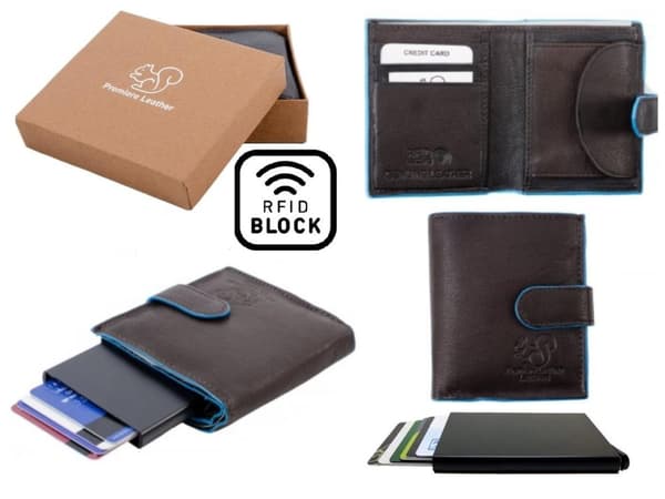 Äkta Läder Plånbok o Smart Korthållare .100% RFID Skydd.BRUN+BLÅ