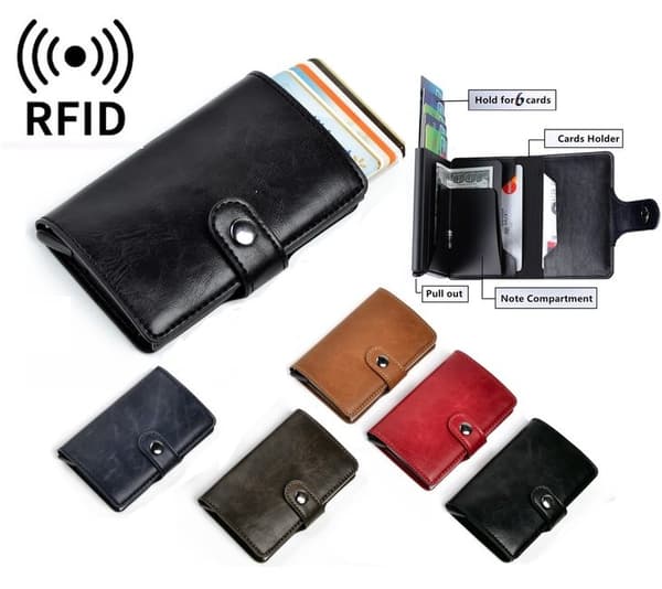 RFID-Säkert korthållare skjuter fram 6st kort m läderjacka o sedelfack