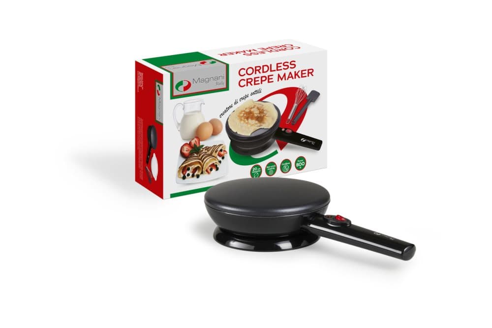 MAGNANI Pannkaksjärn 800 W, Pannkaksmaskin med Non-stick-platta Ø 20 cm, Sladdlöst Crepesjärn med Spatel, Visp och Tallrik