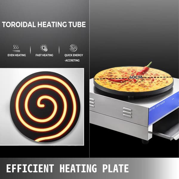 3kW 50-300°C justerbar elektrisk crepemaskin med verktygslåda, 40cm diameter värmeplatta, exakt temperaturkontroll