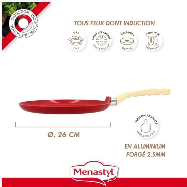 MENASTYL - MAGENTA CREPE PAN 26CM ALUMINIUM INDUCTION TRÄ EFFEKT HANDTAG