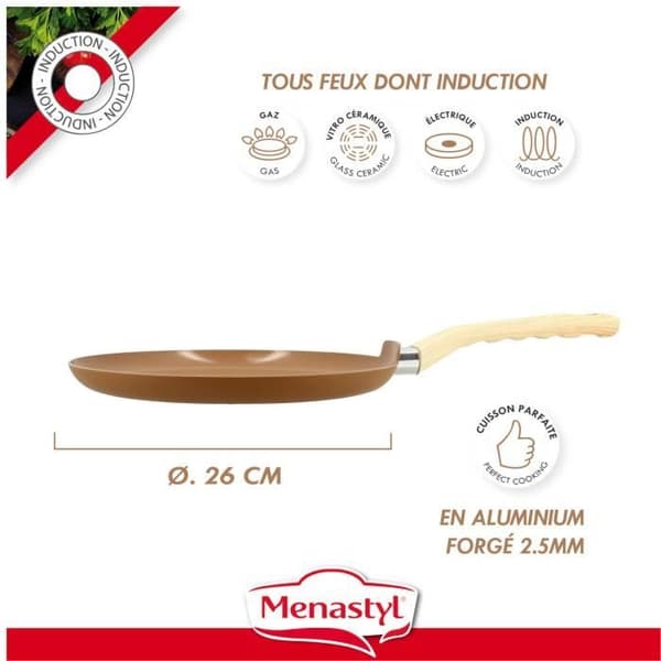 MENASTYL - 26CM HASSELNÖTSKREPE FAKER I ALUMINIUM INDUKTION MED TRÄEFFEKTHANDTAG