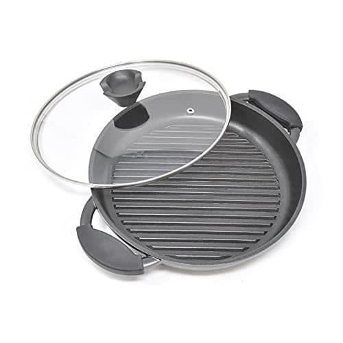 joeji's Kitchen Ribbed Cast Iron Skillet | Gjutjärnsgrillpanna 27 cm för köket | Stor gjutjärnskastrull med lock