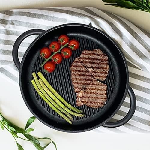 joeji's Kitchen Ribbed Cast Iron Skillet | Gjutjärnsgrillpanna 27 cm för köket | Stor gjutjärnskastrull med lock