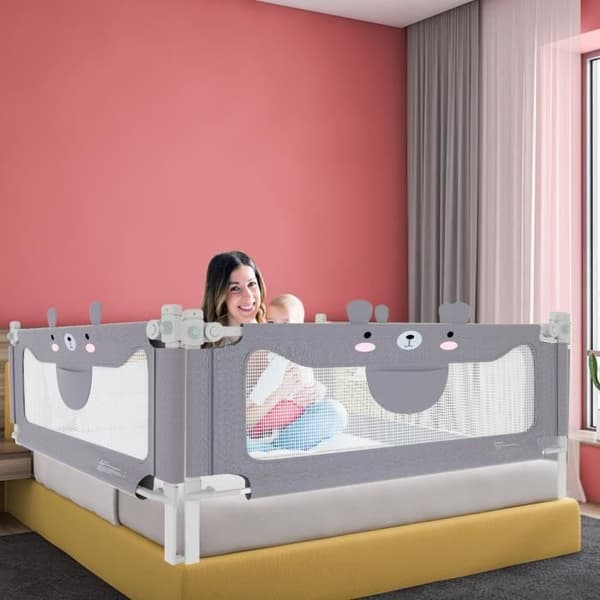 XMTECH Bärbar Babysängstång Justerbar Höjd Vertikal Nedgång Barnsäkerhetsbarriär Gråbjörn 150 cm