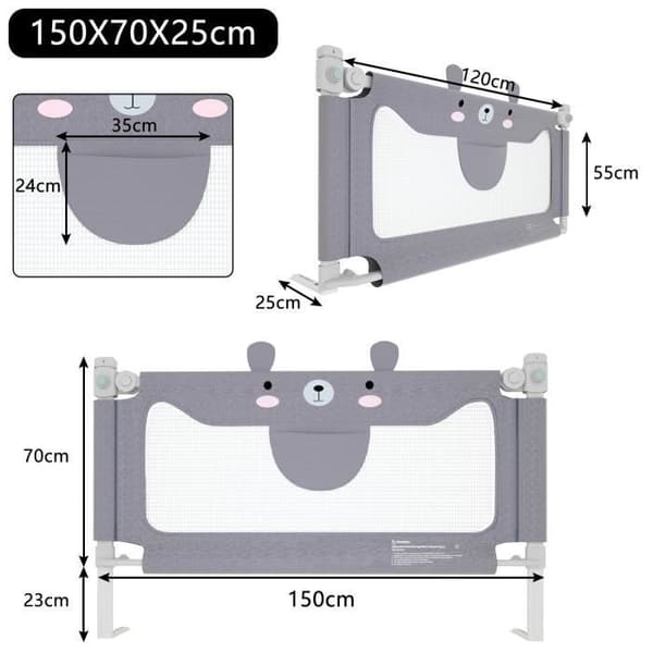XMTECH Bärbar Babysängstång Justerbar Höjd Vertikal Nedgång Barnsäkerhetsbarriär Gråbjörn 150 cm