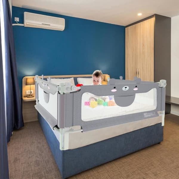 XMTECH Portabelt stängsel för babysäng 180x70 cm Justerbar höjd Vertikal nedgång Barnsäkerhetsstaket Gråbjörnmönster