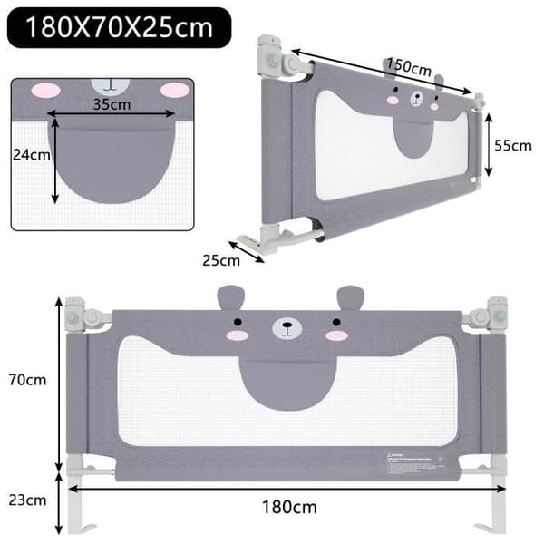 XMTECH Portabelt stängsel för babysäng 180x70 cm Justerbar höjd Vertikal nedgång Barnsäkerhetsstaket Gråbjörnmönster