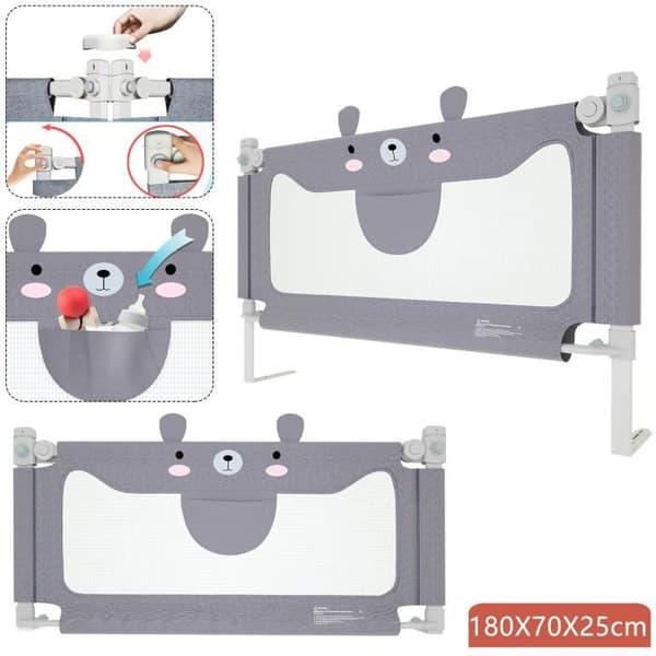 XMTECH Portabelt stängsel för babysäng 180x70 cm Justerbar höjd Vertikal nedgång Barnsäkerhetsstaket Gråbjörnmönster