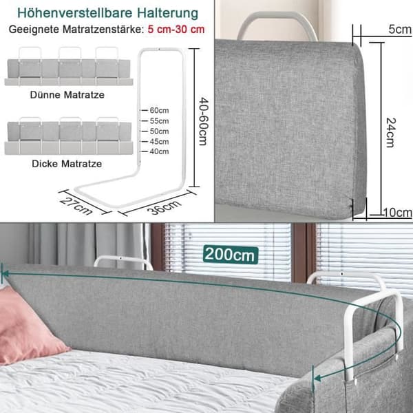 XMTECH 200 cm Babysängstaket Softpack Justerbar höjd Sängskydd Anti-fall Sängskydd för barn Grå