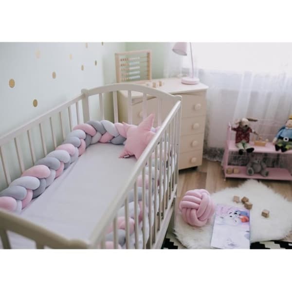Babysäng Bumper Snake Cushion Flätad kudde 3M Velvet Bumper - Vit+Grå+Rosa - 300cm