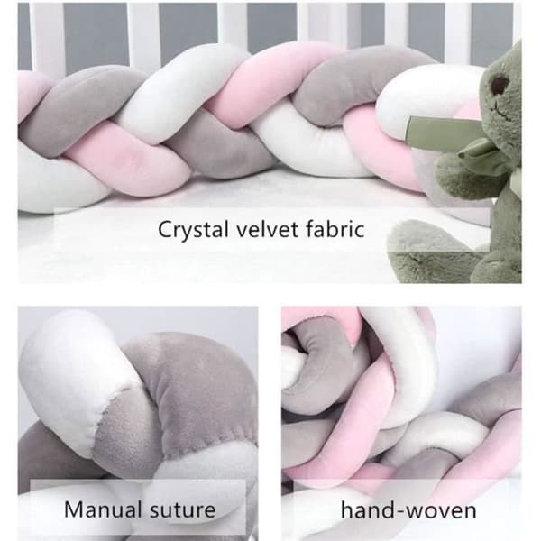 3M Säng Bumper Snake Kudde Flätad Bumper Velvet Mjuk soffa Bumper 100 % handgjord (grå+vit+rosa)