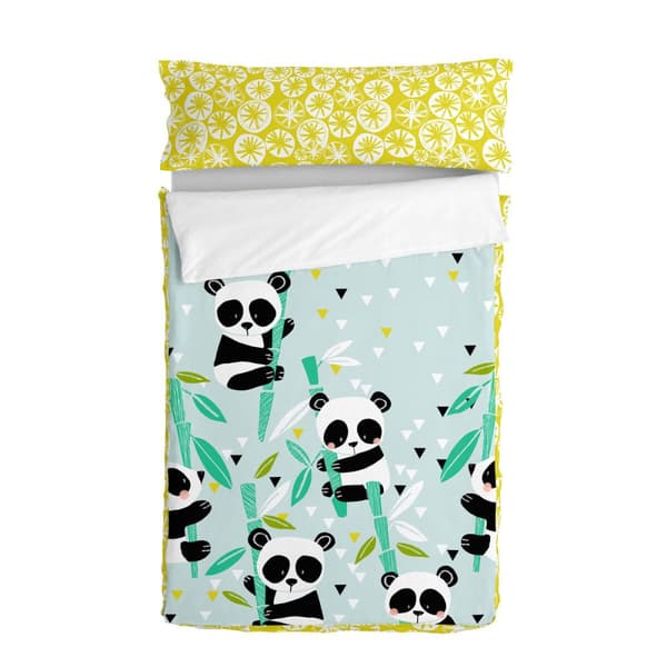 Vatteret sengetøj med lynlås HappyFriday Moshi Moshi Panda Garden Blue Blå 105 x 200 cm