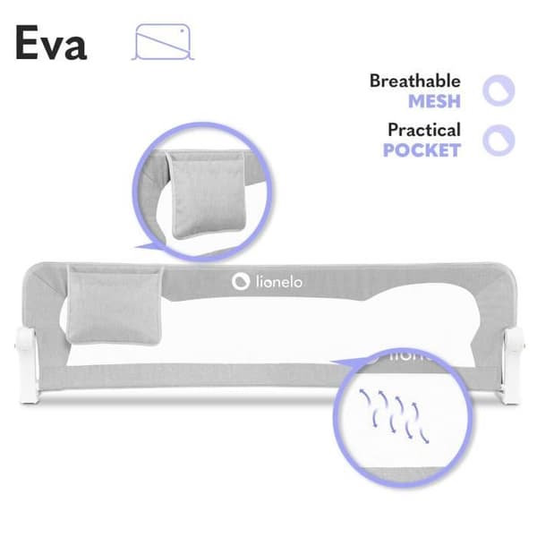 LIONELO Eva babysängstång - 150cm fallskydd - Vikbart ventilerat nät - Grå