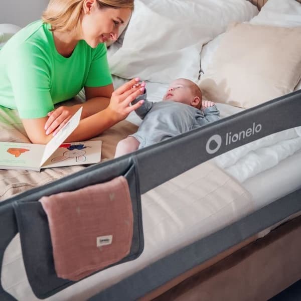 LIONELO Eva babysängstång - 150cm fallskydd - Vikbart ventilerat nät - Grå