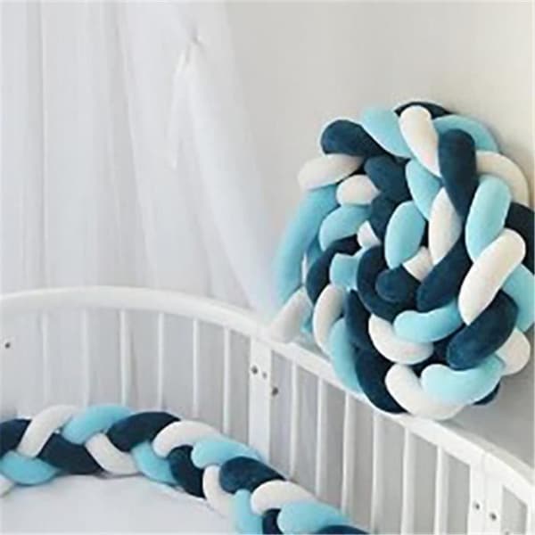 3M flätad spjälsäng Bumper Snake Kudde Flätad Bumper Velvet Baby Protection (Vit+Blå+Mörkblå)
