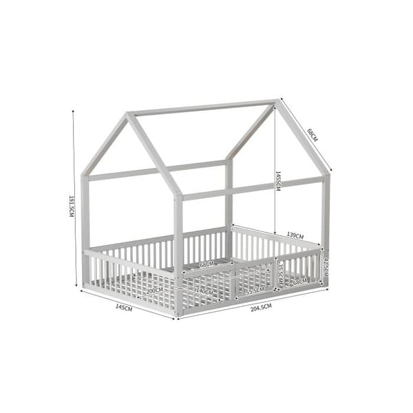 140*200cm Säng i massivt trä, Dubbelbädd, Platt säng, Hus säng, Hus säng med dörr, vit