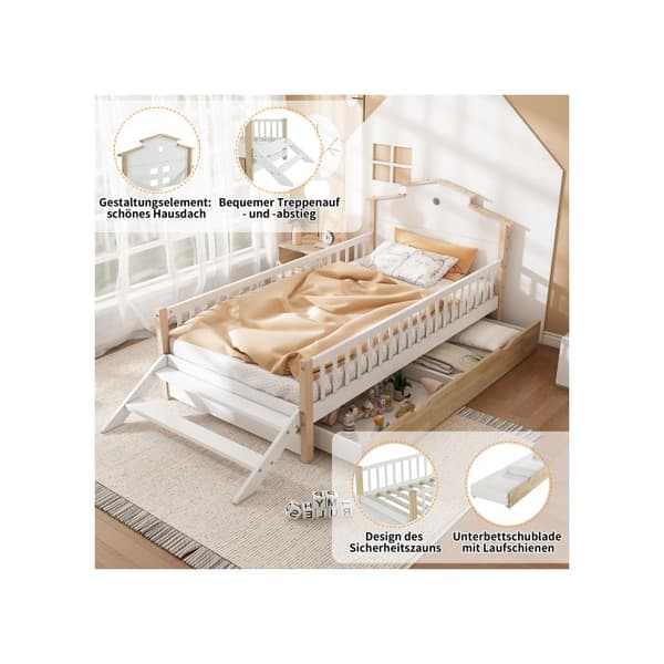 Barnsäng, Sängskydd, Sidosteg, Unik takdesign, Tall + MDF, Vit + Naturlig, 90x200cm