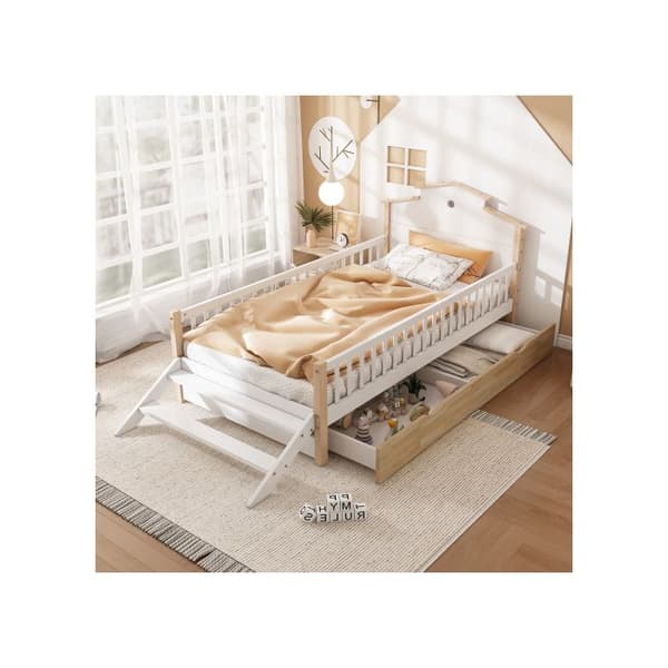 Barnsäng, Sängskydd, Sidosteg, Unik takdesign, Tall + MDF, Vit + Naturlig, 90x200cm