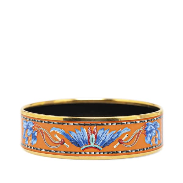 Pre-owned Hermès Wide Enamel Brazil Feather Bangle 62 Orange