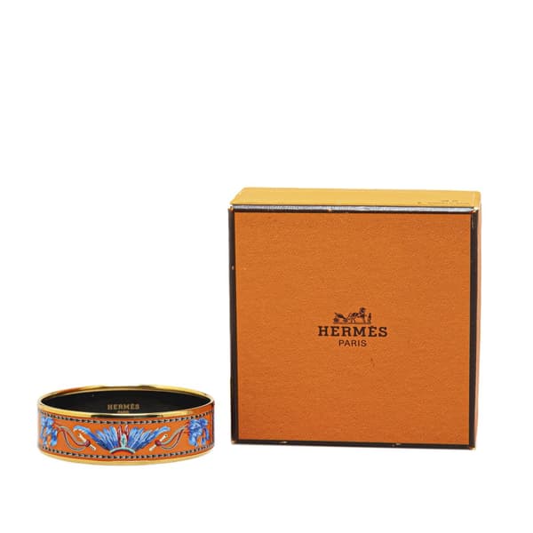 Pre-owned Hermès Wide Enamel Brazil Feather Bangle 62 Orange