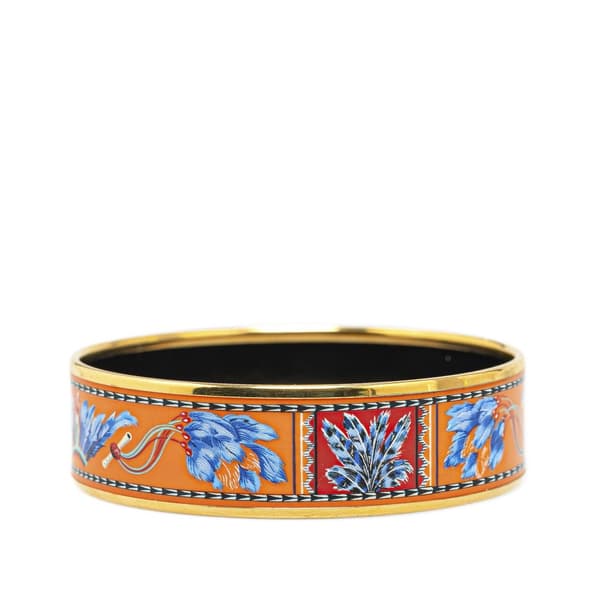 Pre-owned Hermès Wide Enamel Brazil Feather Bangle 62 Orange