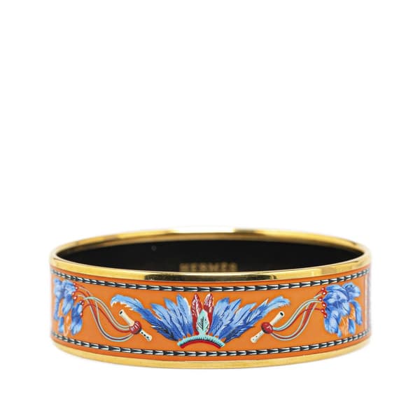 Pre-owned Hermès Wide Enamel Brazil Feather Bangle 62 Orange