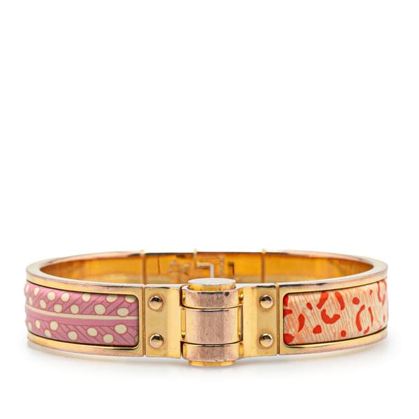 Pre-owned Hermès Narrow Enamel Baobab Cat Charniere Bracelet GM Pink