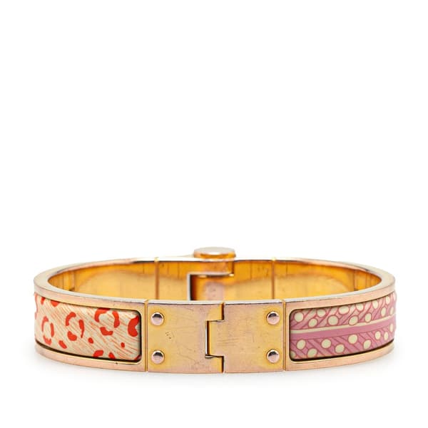 Pre-owned Hermès Narrow Enamel Baobab Cat Charniere Bracelet GM Pink