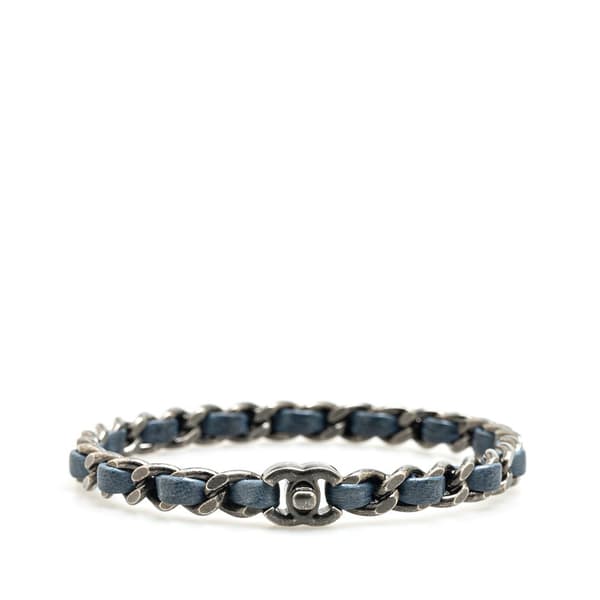 Pre-owned Chanel Silver Plated Leather Woven Chain CC Turnlock Bracelet Silver