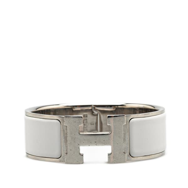 Pre-owned Hermès Wide Enamel Clic Clac H Bracelet GM White
