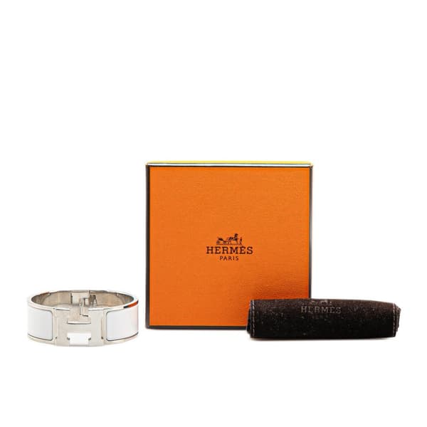 Pre-owned Hermès Wide Enamel Clic Clac H Bracelet PM White