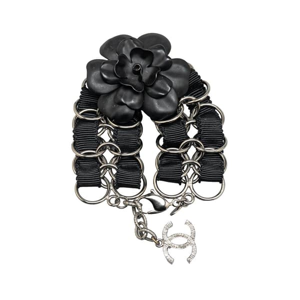 Pre-owned Chanel Nylon Resin Camellia Chain Ribbon Bracelet Black