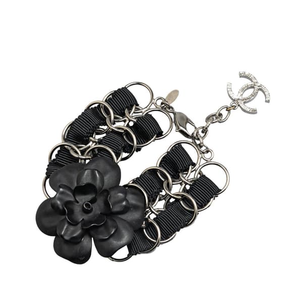 Pre-owned Chanel Nylon Resin Camellia Chain Ribbon Bracelet Black