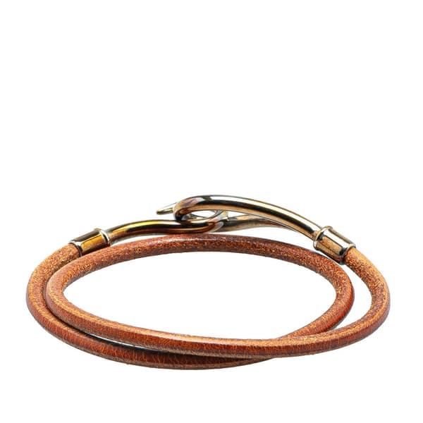 Pre-owned Hermès Palladium Plated and Leather Jumbo Hook Double Tour Bracelet Silver