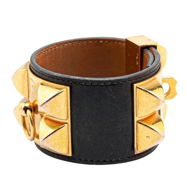 Pre-owned Hermès Box Calf and Gold Plated Collier de Chien Bracelet S Black