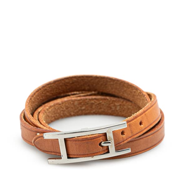 Pre-owned Hermès Leather Hapi Triple Tour Wrap Bracelet M Brown