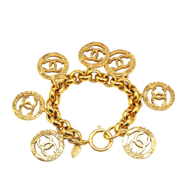Pre-owned Chanel Gold Plated Round CC Charm Bracelet Gold