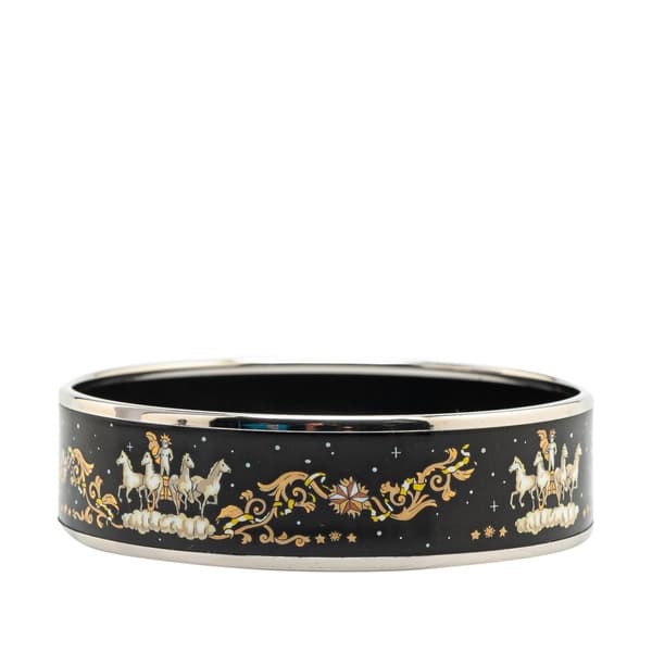 Pre-owned Hermès Wide Enamel Printed Horse Motif Bracelet Black