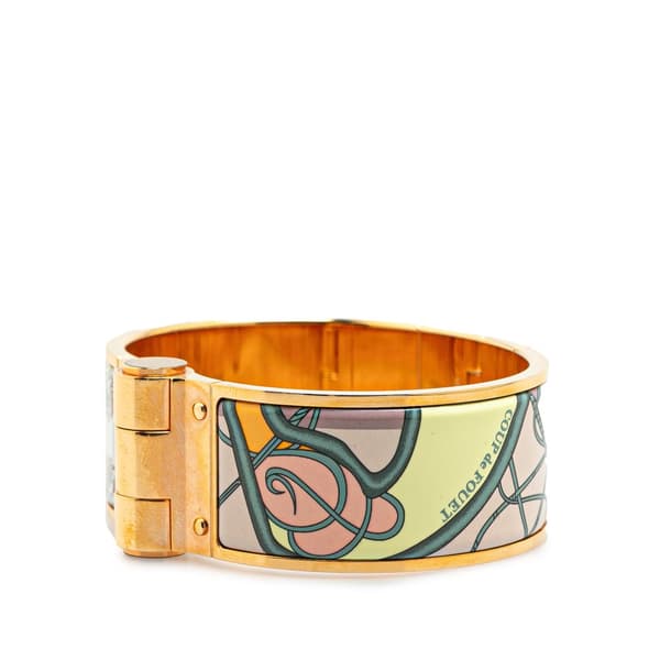 Pre-owned Hermès Wide Printed Enamel Coup de Fouet Au Bloc Hinged Bracelet PM White