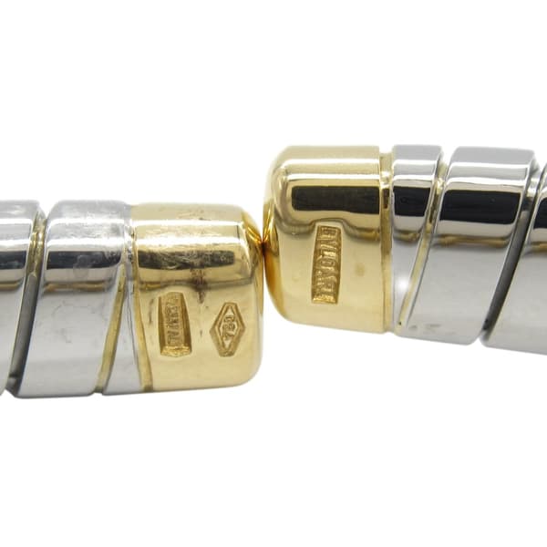 Pre-owned Bvlgari Stainless Steel and 18K Yellow Gold Tubogas Hearts Open Flex Bangle Silver